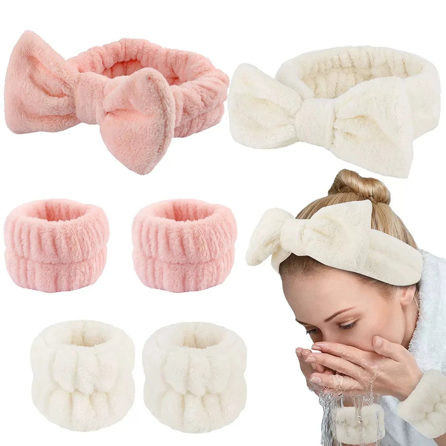 Women's Spa Headband and Wristbands Set Soft Microfiber Facial Spa Hair Wraps Makeup Skincare Bath Headbands Wrist Bands