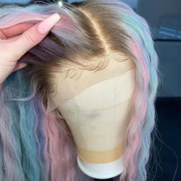 Ladies Rainbow Colored Swiss Lace Wig Ombre Pink Long Straight Wave Cuticle Aligned Human Hair Lace Front Wigs