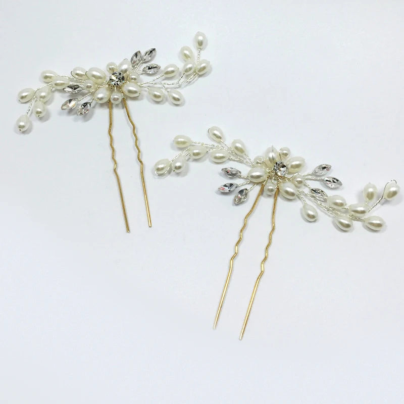 Customized Korean Golden White Alloy Pearls Flower Crystal Hair Pin Girl Luxury Hairpins Bridal Wedding Hair Forks Accessories