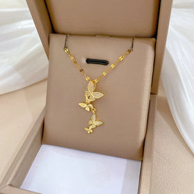 [Titanium Steel] Butterfly Fringe Gorgeous Full Diamond Necklace All the Collar Bone Chain Titanium Steel Chain