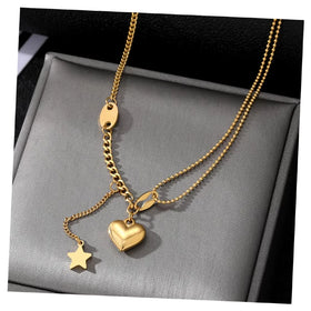 VKME New Stainless Steel Gold Plated Heart Star Multi Layer Necklace for Women Jewelry