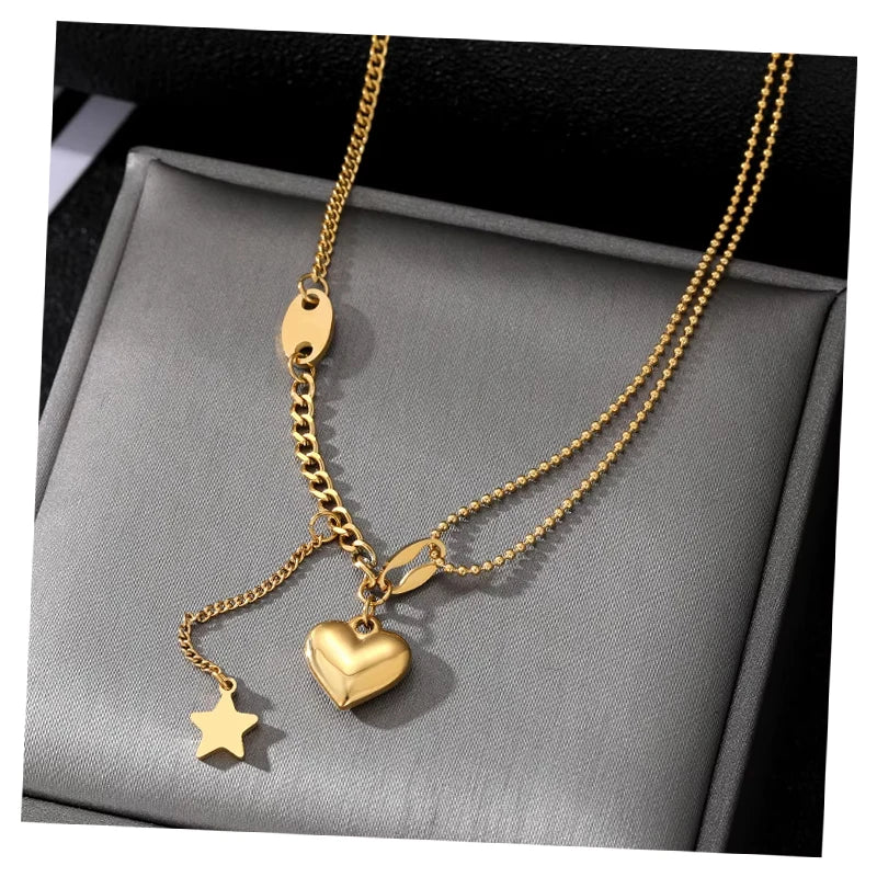 VKME New Stainless Steel Gold Plated Heart Star Multi Layer Necklace for Women Jewelry
