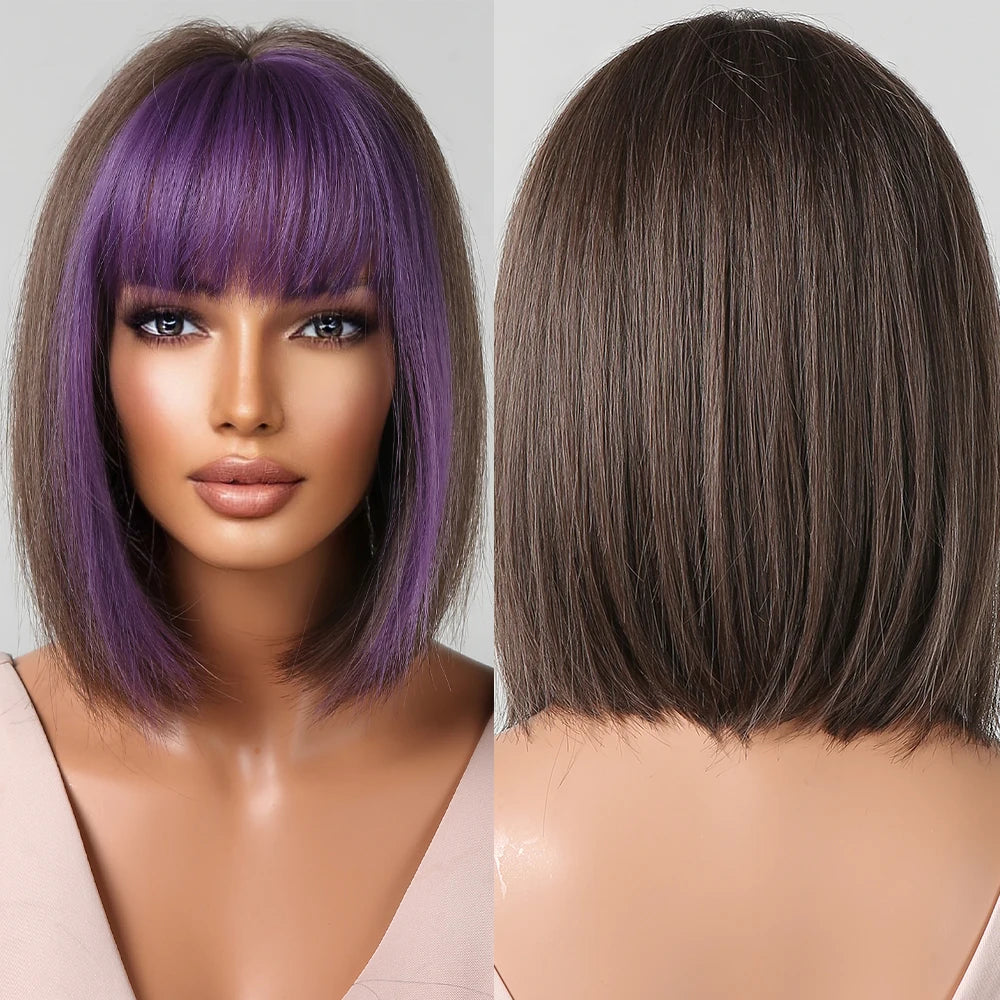 Factory Outlet Brown Synthetic Wigs with Purple Bangs Short Straight Wigs Highlights Bob Wig for Black Women Heat Resistant Hair