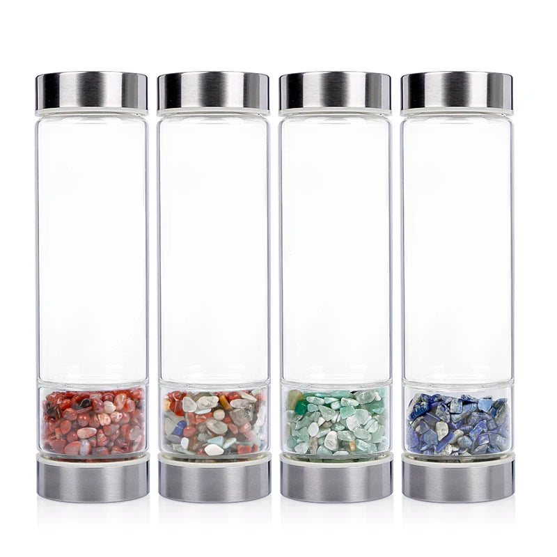 Bpa Free Custom Logo Crystal Water Bottle with Gemstone Chips  Loose Leaf Tea Bottle Gem Elixir Infused Glass Water Bottle