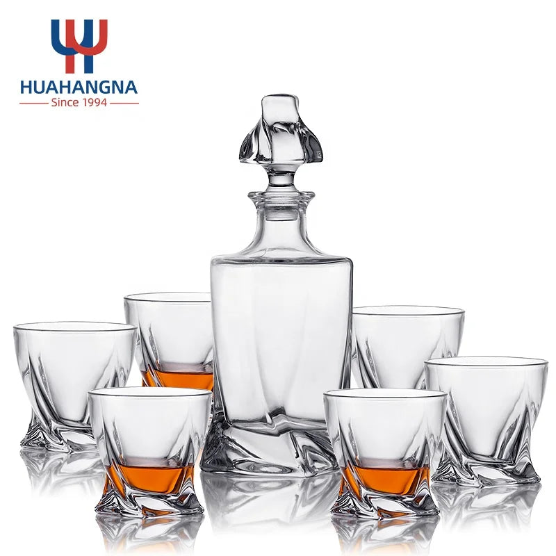 HUAHANGNA Custom Logo 7 Pieces 28oz 840ml Twisted Crystal Glass Liquor Whiskey Decanter Set with 6 Old Fashioned Glasses