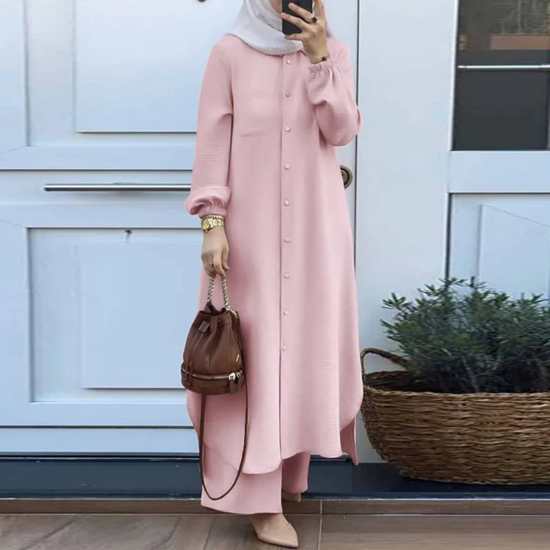 Wholesale Plus Size Islamic Clothing Muslim Women's 2-Piece Set Open Abaya Modest Long Sleeved Shirt and Pants Set