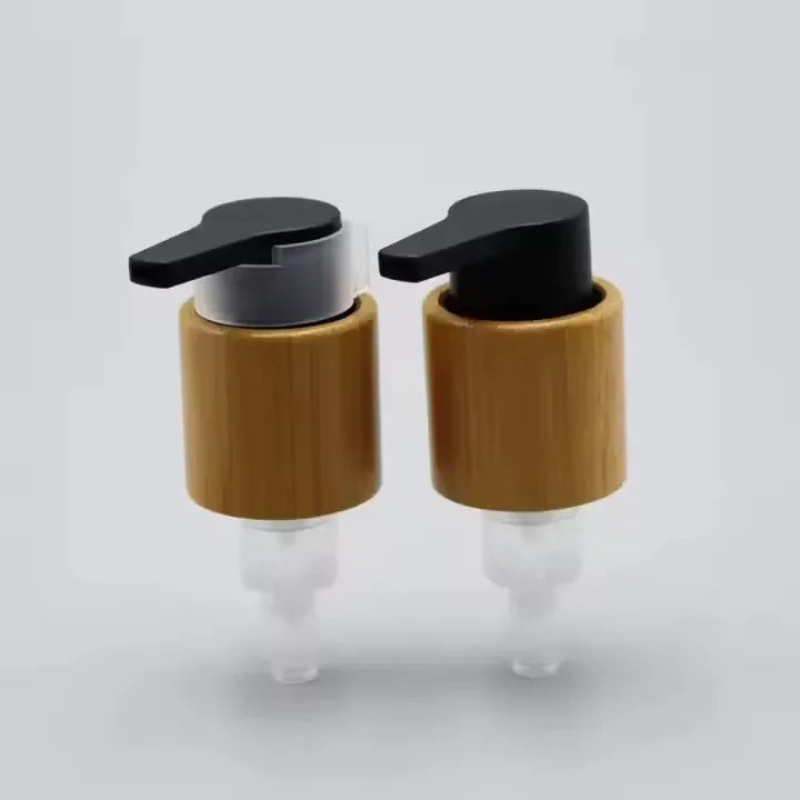 24/410 Black & White Bamboo Wood Treated Aluminium-Plastic Lotion Shampoo Bottle Pump Dispenser with 28 Cap Lid and Bamboo Top