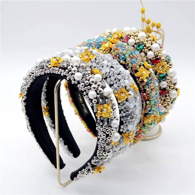 Handmade Colorful Baroque Pearl Crystal Headband for Women Luxury Shiny Padded Rhinestones Flower Hair Band Hair Accessories