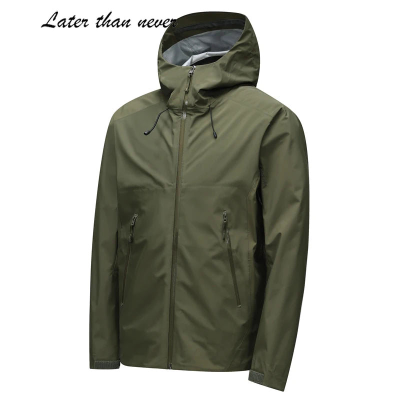 Man's 3-Layer Waterproof Rain Jacket Hood Stand Collar Zipper Windproof Outdoor Hard Shell for Sport Hiking Fully Seam Taped