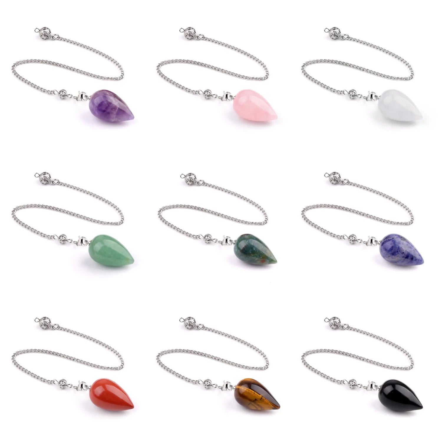 Fashion Natural Agate Stone Droplet Shaped Crystal Pendant and Silver Chain Healing Stone Bead Handicraft for Unisex As Gift
