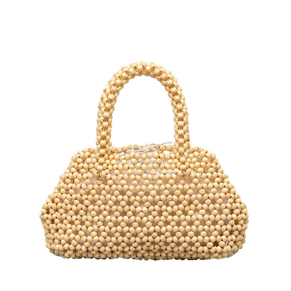 European Design Small Square Wooden Bead Handbag Hand-Woven Lady Style Custom Logo Business Travel Beach Saddle String Two Open