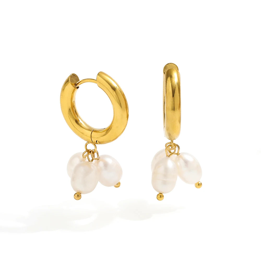 18k Pvd Gold Plated High Quality Non Tarnish & Waterproof 3 Pearl Cluster Stainless Steel  Hoop Earring for Women