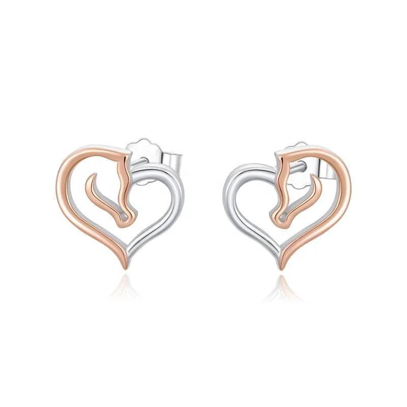 Wholesale Hypoallergenic Custom 925 Sterling Silver Two Tone Cute Animal Horse Heart Stud Earrings