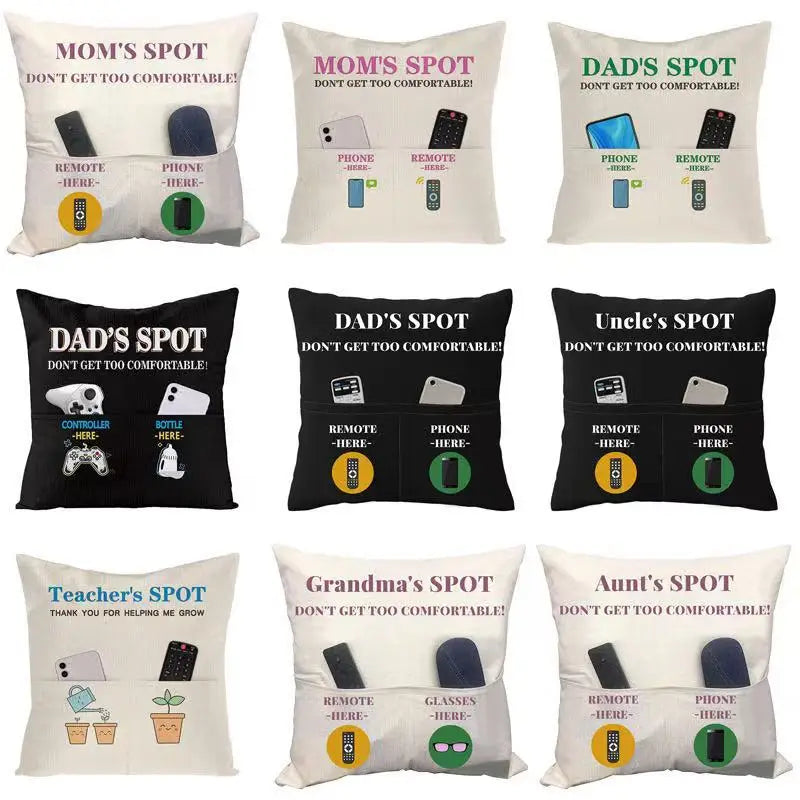 Creative Remote Control and Mobile Phone Storage Pocket Pillowcase Made of Linen and Polyester Printed Sofa Cushion Cover