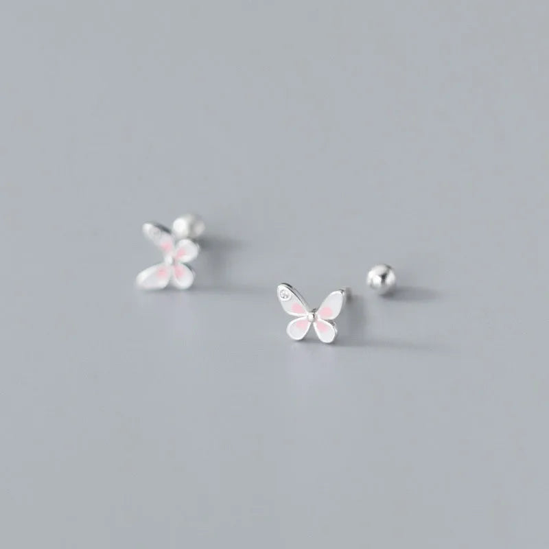 New Fashion Jewelry S925 Sterling Silver Pink Enamel Butterfly Screw Stud Earrings for Women G7829