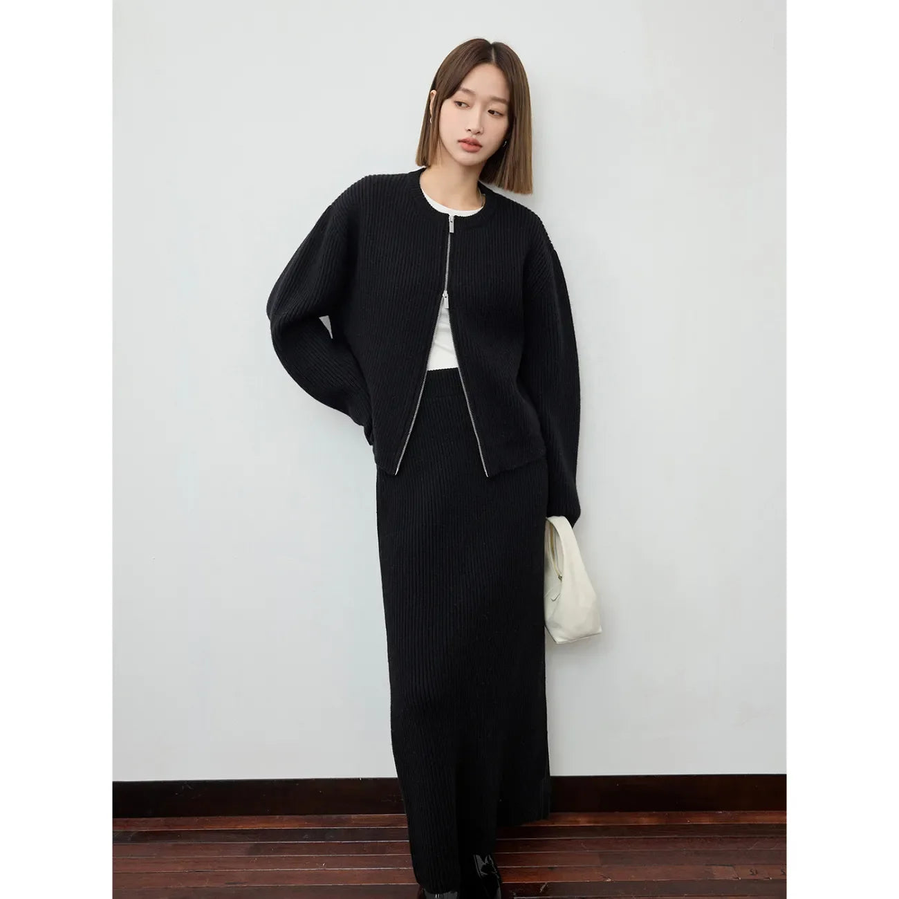 Autumn and Winter Fashion Knitting Suit Zip Round Neck Knit Cardigan High Waist Skirt Knit Two-piece Set for Ladies