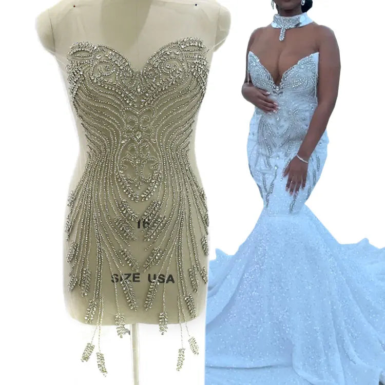 WDP-465 Keering New Product Silver Bling Rhinestone Bodice Leaf Applique Glass Work Design for Dresses