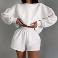Women 2 Piece Sweatshirt and Shorts Set Casual Solid Color Loose Fit Loungewear Sportswear Outfit for Daily Wear Streetwear Sets