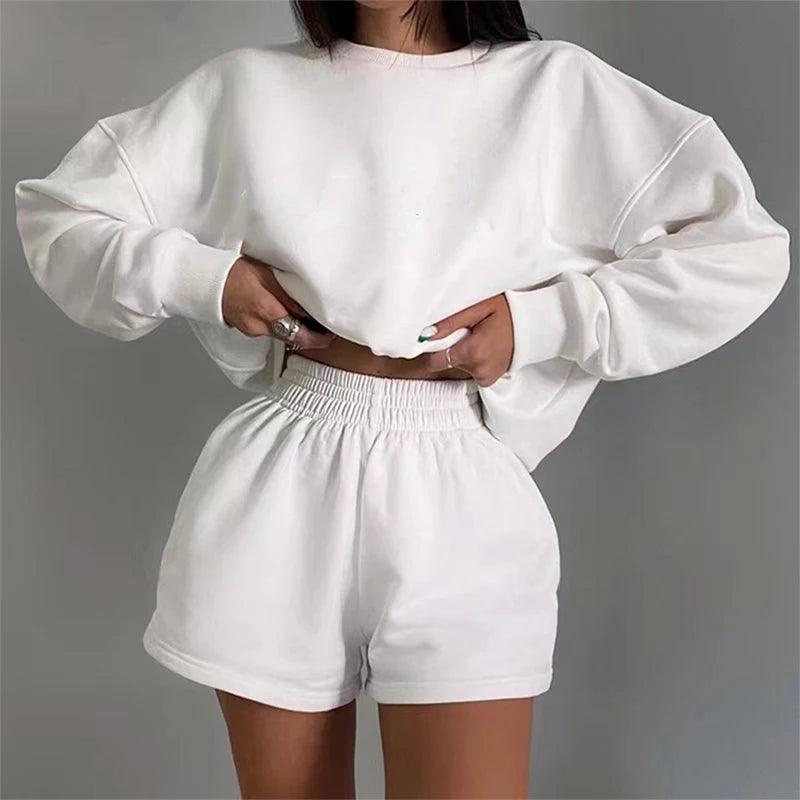 Women 2 Piece Sweatshirt and Shorts Set Casual Solid Color Loose Fit Loungewear Sportswear Outfit for Daily Wear Streetwear Sets