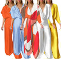 S-2XL European and American Women's Short Sleeved Jumpsuit Deep V-neck Bat Sleeved Loose Straight Jumpsuit