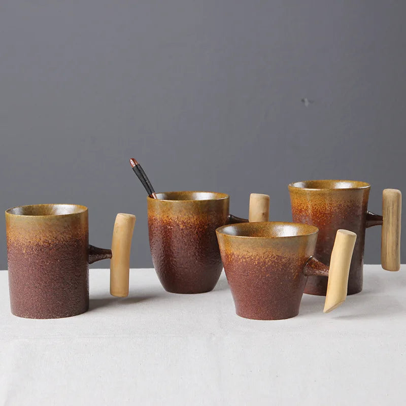Japanese Porcelain Ceramic Coffee Milk Cup with Wooden Handle for Home Use Wholesale Available