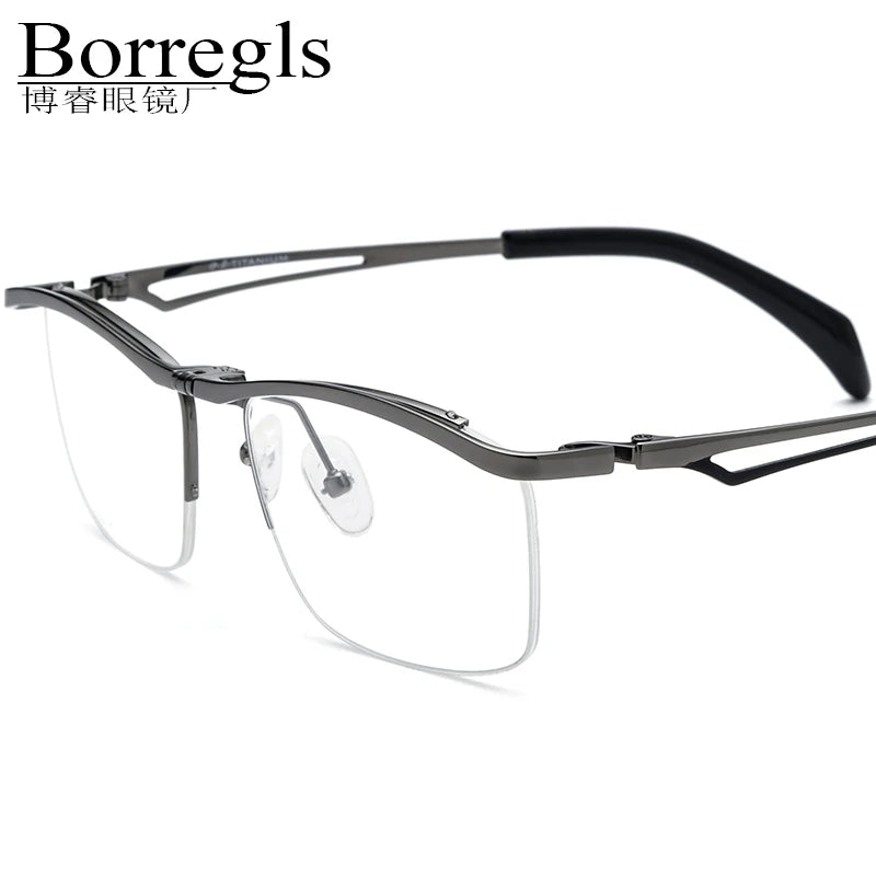 Borregls Flip up Titanium Glasses Frame Men New Brand Designer Semi-Rimless Square Eyeglasses Half-Rim Optical Eyewear 18044