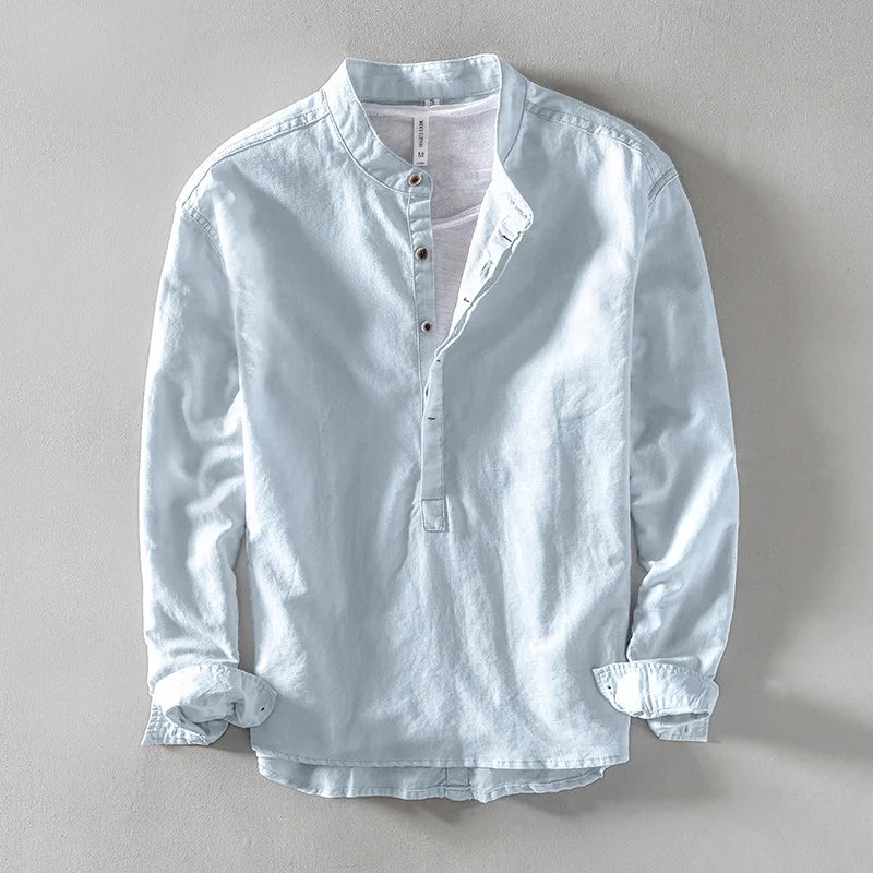 2025 Men's Linen Long-sleeved Shirt with Stand Collar Youth Casual Loose Men's Cotton and Linen White Shirt Beach Vacation Top