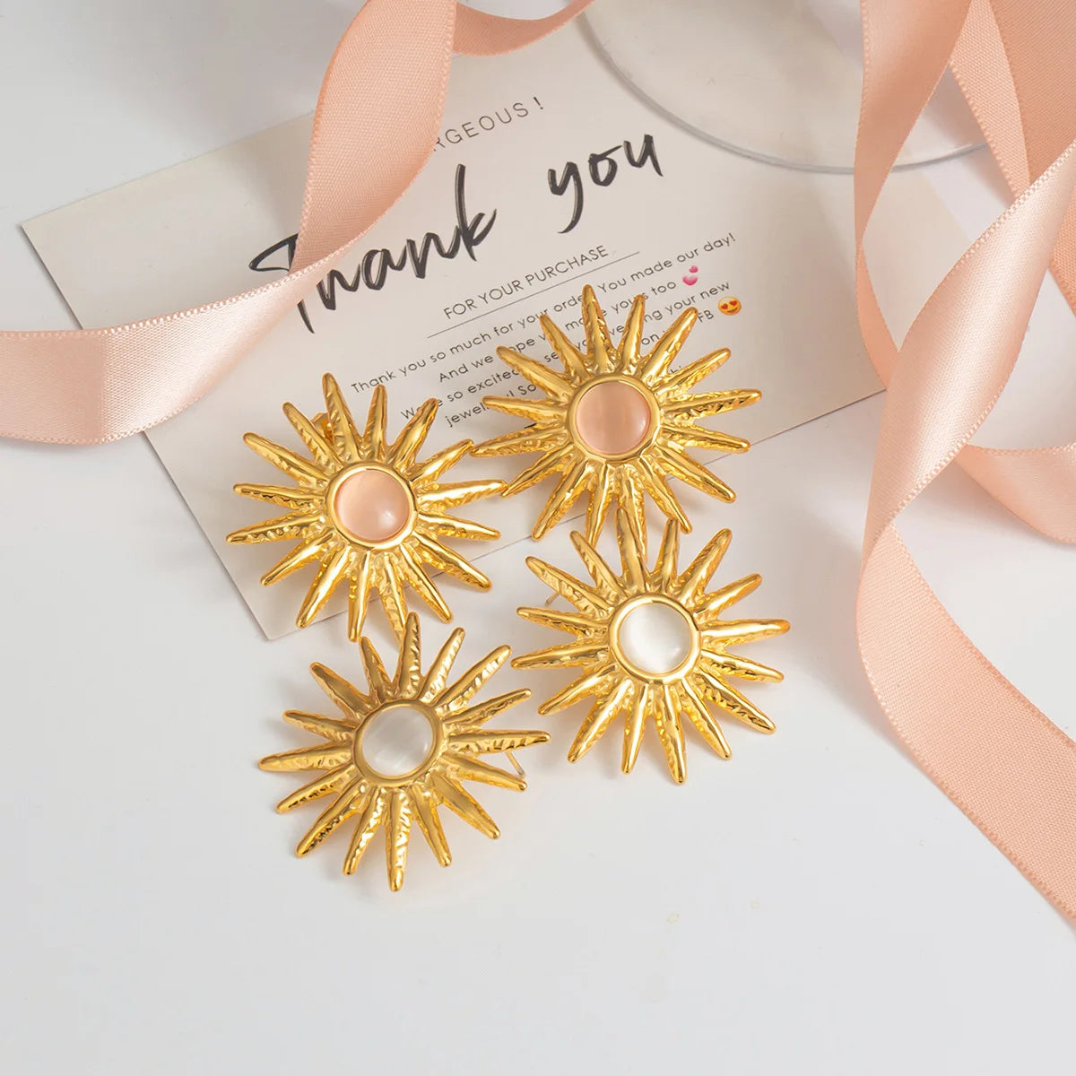 French Vintage Sunflower Cat's Eye Stone Stud Earrings Women Fashion Stainless Steel Jewelry