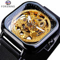 Fashion Magnetic Buckle Clock Forsining Watch for Men Square Watches Mesh Band Automatic Mechanical Skeleton Man Wristwatch