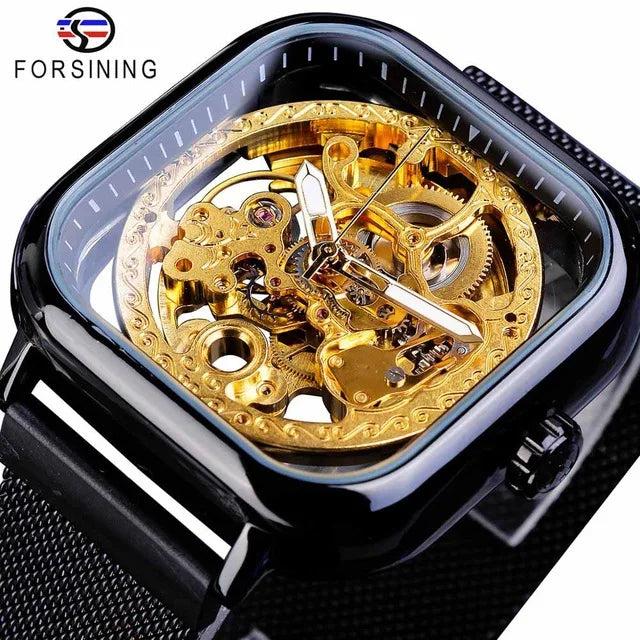 Fashion Magnetic Buckle Clock Forsining Watch for Men Square Watches Mesh Band Automatic Mechanical Skeleton Man Wristwatch