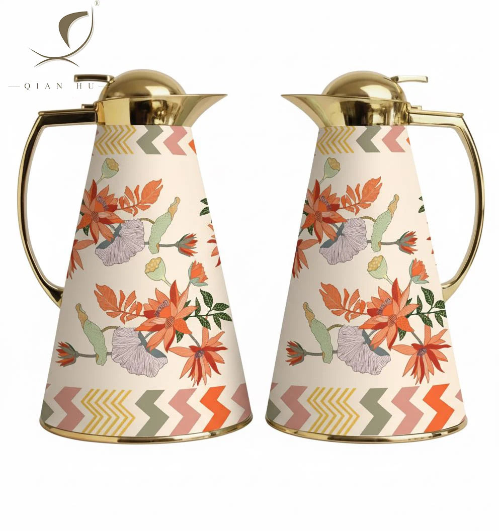 QIAN HU Light Luxury Eco-friendly 1000ML Hot Portable Vacuum Flask Ceramic Body Glass Liner Coffee Thermos Two-Piece Tea Pot Set