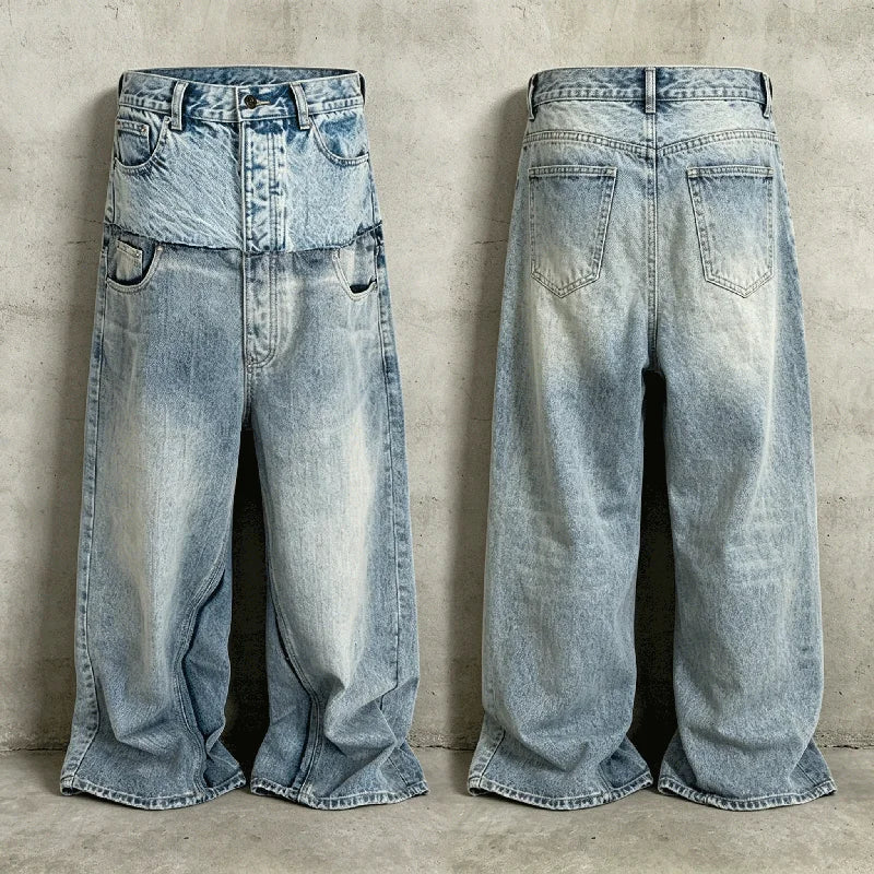 YSJY Wholesale Custom Straight Leg Jeans Cotton Double Waist Denim Pants Raw Edges Distressed Patchwork Streetwear Men's Jeans