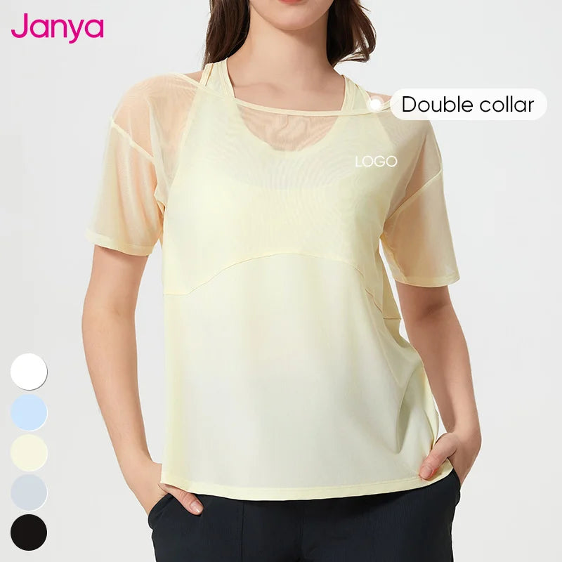 Janya Women's Lightweight Breathable Mesh Workout Sports T-Shirt 2Pcs Quick Dry Gym Fitness Top Loose Fit Short Sleeve Yoga