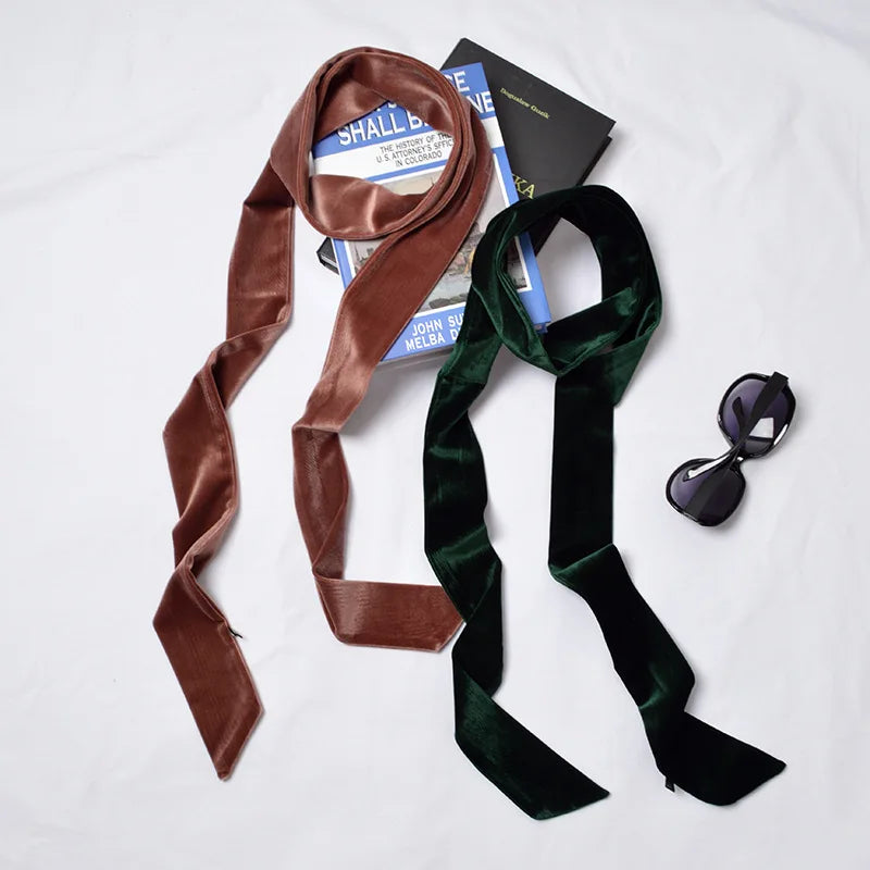 MIO Ladies Vintage Thin Velvet Silk Scarves Soft Scarf Ribbon Solid Color Long Neckerchief Skinny Waist Belt for Women Girls