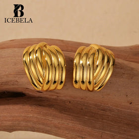925 Sterling Silver Needle Earrings European American Golden Semicircle Striped 18k Gold Plated Versatile Earrings for Girls