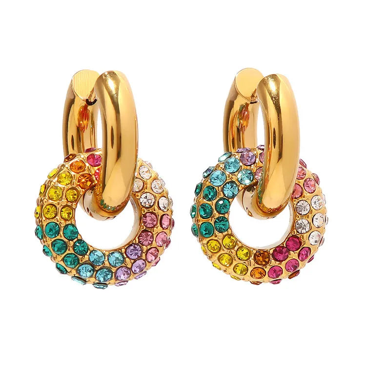 SP Wholesale Stainless Steel Jewelry Double Circle 18K Gold Rainbow Zircon Gold Hoops Earrings