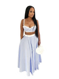 Summer New Arrivals Women Sleeveless Halter Crop Top Patchwork Design High Waist Maxi Skirt Women Casual Two Pieces Set