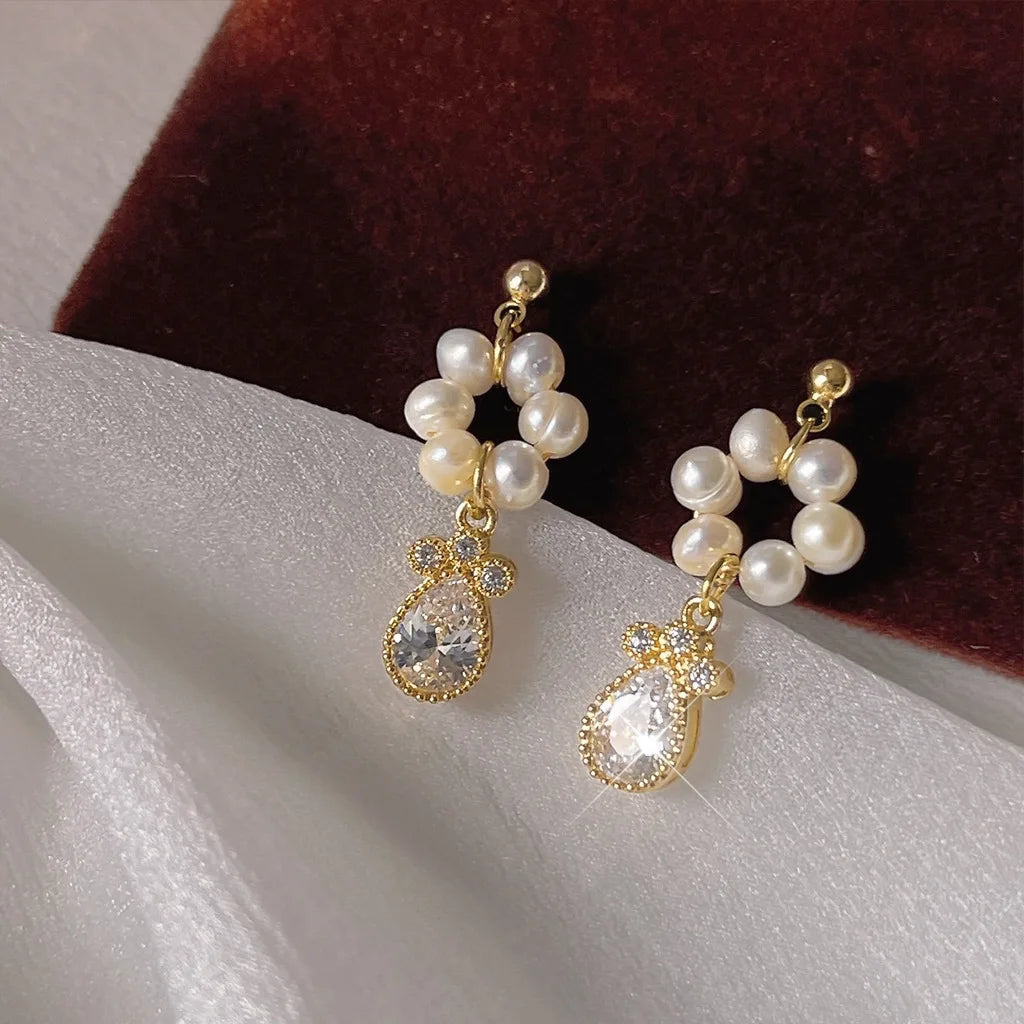 Handmade 14K Micro Inlaid Zircon & Natural Freshwater Pearl Earrings High-End 925 Silver with Trendy Needle Plating Earrings