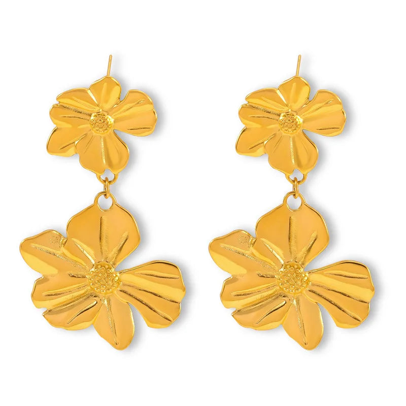 Fashionable Vintage Textured Flower Stainless Steel 18K Gold Plated Earrings