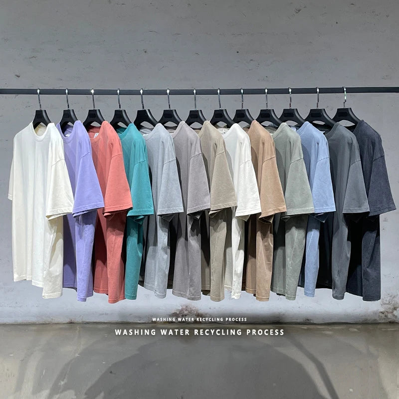2025 Spring and Summer Heavy Wash Done Old Solid Color T-shirt Hip Hop  Brand Japanese Casual Men's T-shirt Vetement Homme