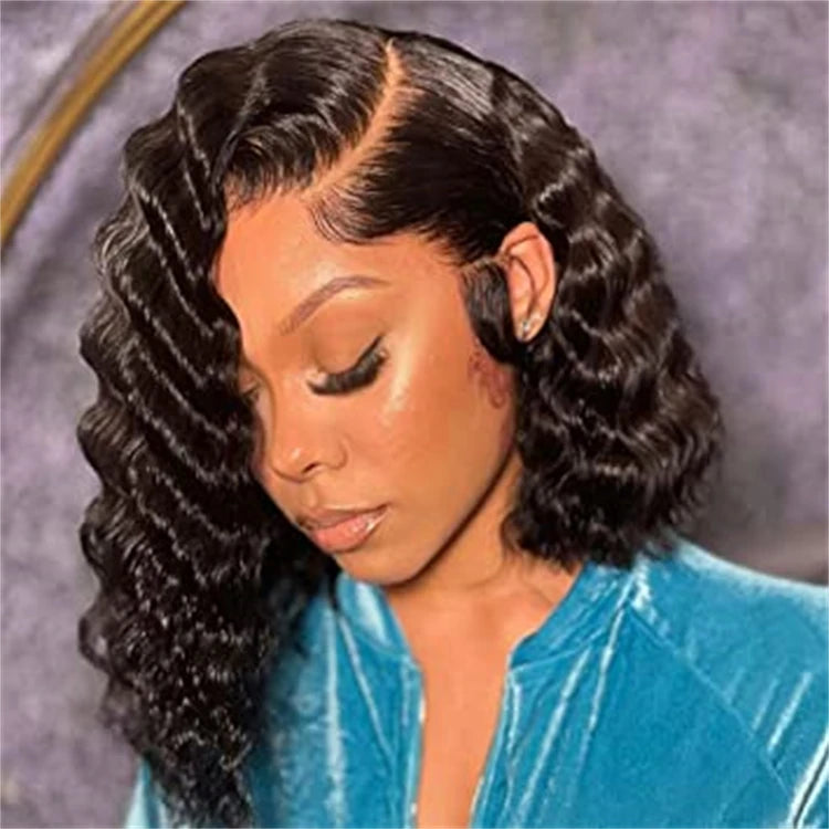 Deep Wave Bob Wigs Raw Peruvian Virgin Human Hair HD Swiss Lace Front Wig for Black Women Short Bob Lace Frontal Wig