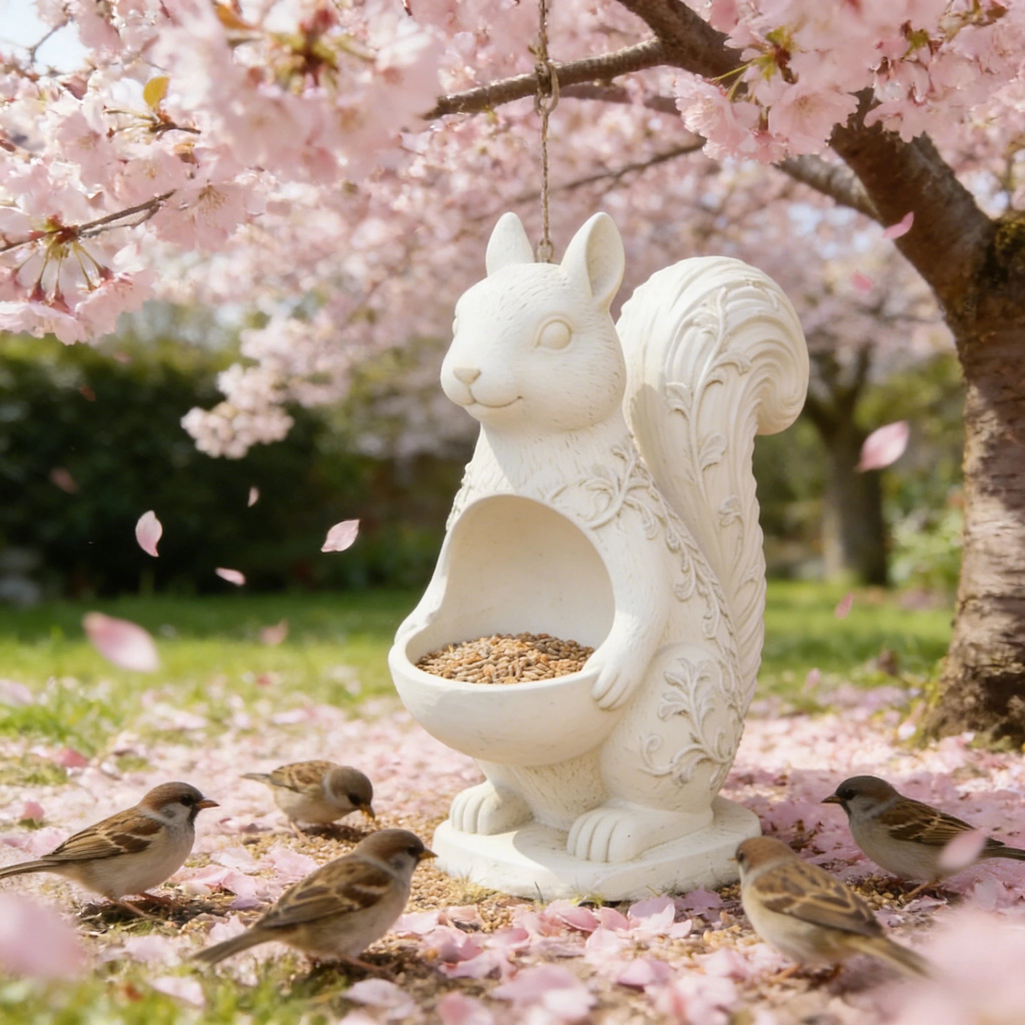 Artificial Resin Squirrel Statue-Hand-Painted Craft with Irregular Shape Spring Cherry Blossom Theme Decorative Piece for Garden