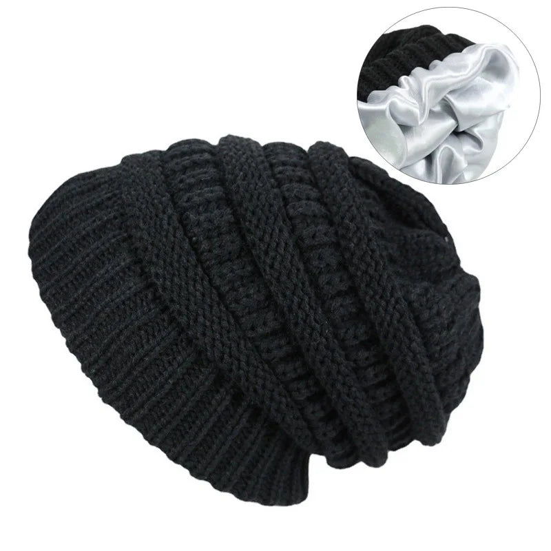 Custom Winter Ski Slouchy Hat Knitted Warm Satin Lining Beanie Hat for Women