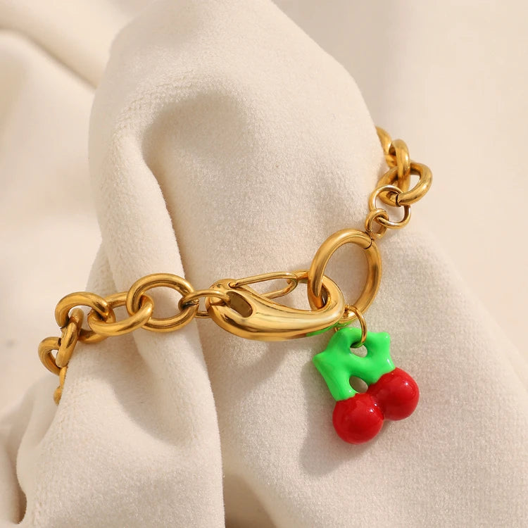 X176 Wholesale 18k Gold Plated Stainless Steel Bracelet Acrylic Cherry Charm Bracelet Jewelry for Women