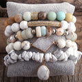 Women Jewelry 5pc Gift  Boho Stretch Bracelet Elastic Crystal Glass Beads Natural Chip Gemstone Cross Stack Bracelets Sets
