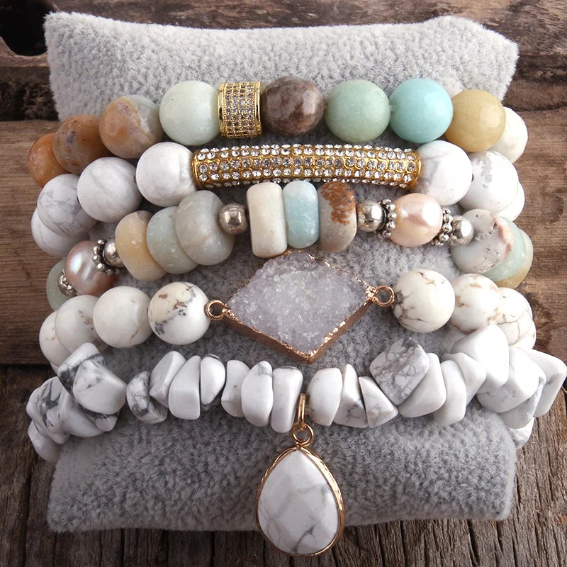 Women Jewelry 5pc Gift  Boho Stretch Bracelet Elastic Crystal Glass Beads Natural Chip Gemstone Cross Stack Bracelets Sets
