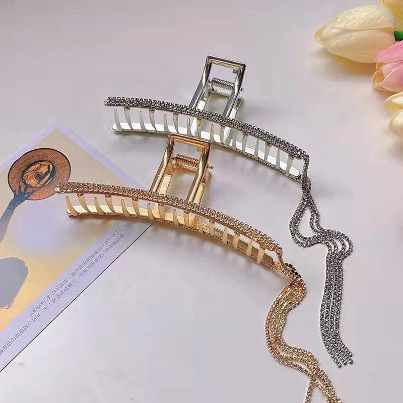 2022 Elegant Shiny Diamond Metal Hair Claws Luxury Full Rhinestone Long Tassel Hair Claw Headwear for Women