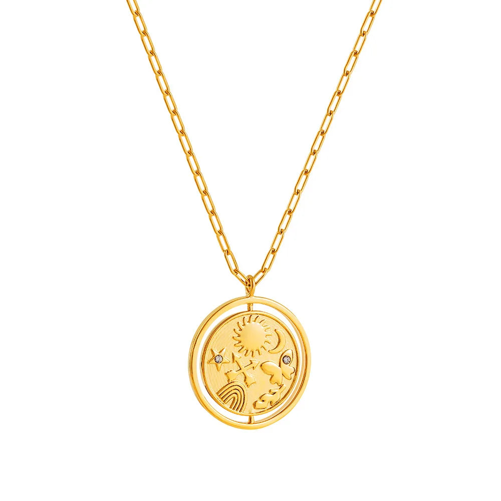 18K Gold Plated Stainless Steel Double Flip Pendant Necklace Tarnish-Free with Sun Inlaid Zircon Relief Fashion Chains Accessory