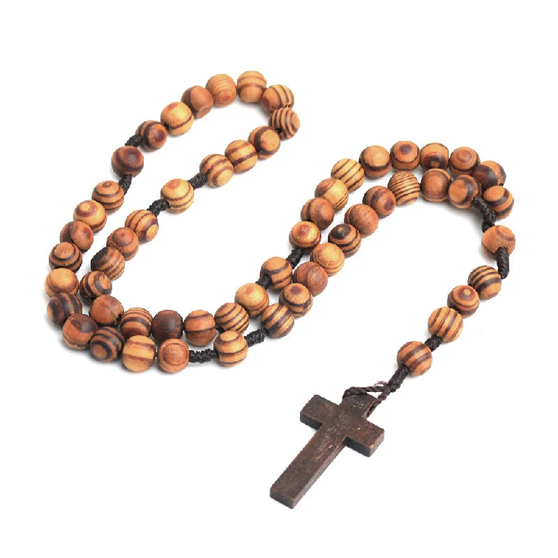 Vintage Wooden Bead Rosary Cross Pendant Necklace Catholic Religious Prayer Jewelry for Men and Women for Weddings and Gifts
