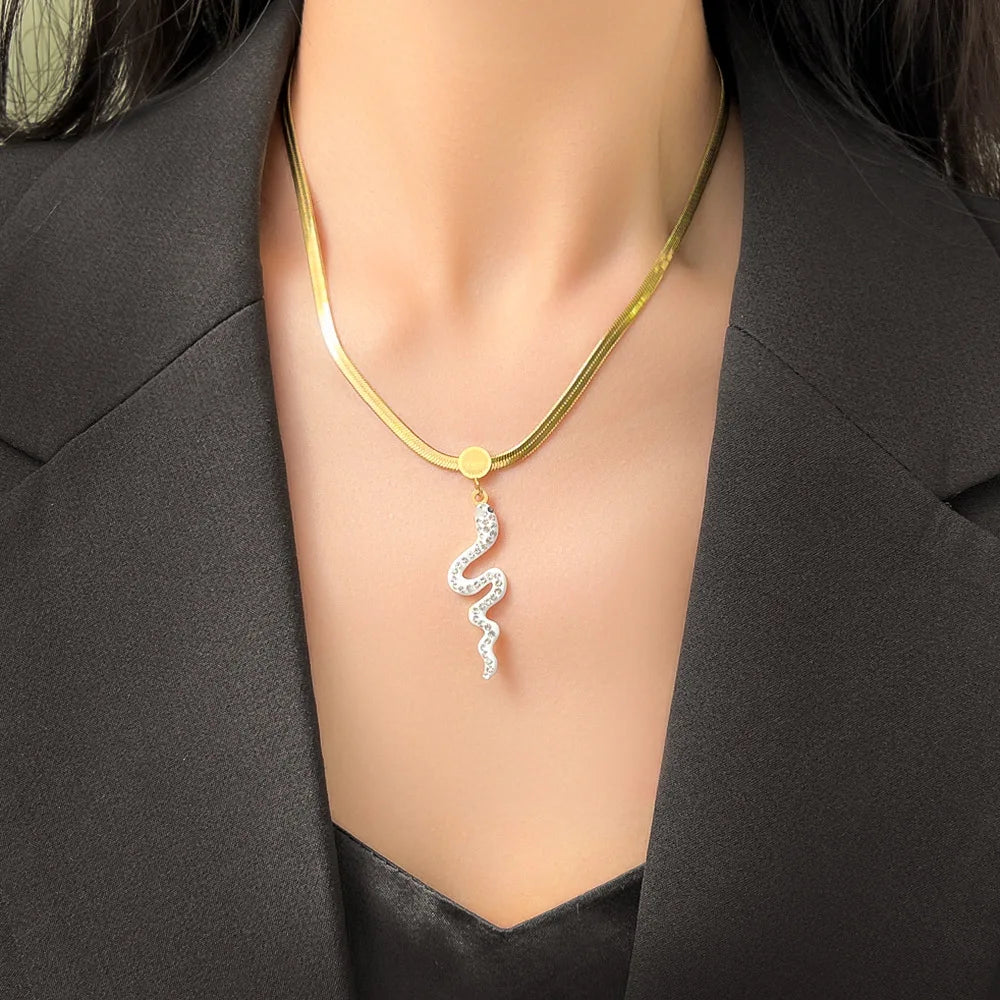 Nabest Stainless Steel Emerald Snake Pendant Rhinestone Necklaces Waterproof Personalized Necklace Jewelry